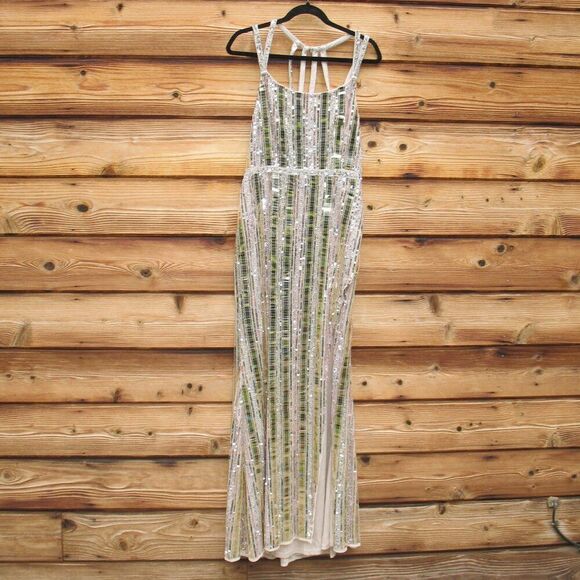 NWT Mac Duggal 93981 HALTER NECK  Mirror EMBELLISHED DETAILED BACK GOWN Dress Nu - Picture 8 of 16